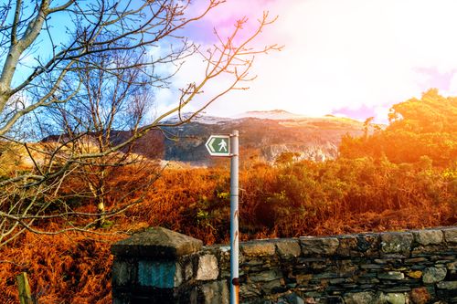 Free Explore a vibrant autumn landscape featuring a walking sign, trees, and mountain backdrop. Stock Photo