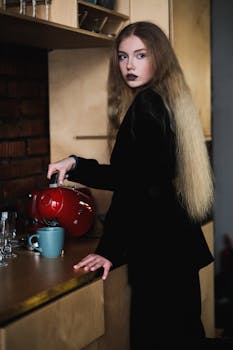 A woman in black outfit pouring coffee from a red kettle in a cozy kitchen setting.