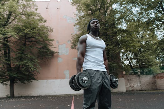 Muscular man in a white tank top lifting dumbbells in an outdoor park setting.