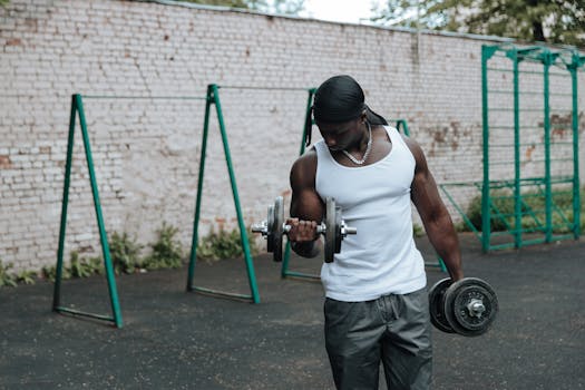 A determined man exercising with dumbbells outdoors, showcasing fitness and strength.