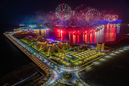 Aerial View of Fireworks Display in Al Marjan Island 