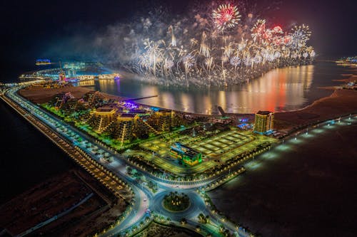 Aerial View of Fireworks Display in Al Marjan Island
