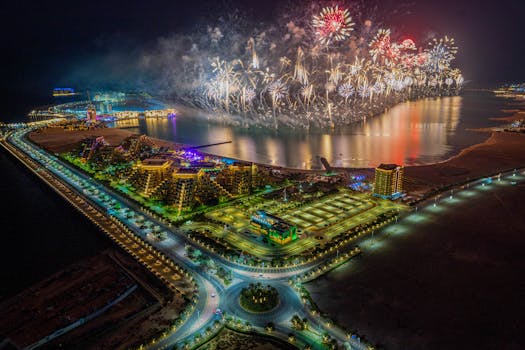 Stunning aerial view of a vibrant fireworks display over Al Marjan Island in Ras al Khaimah.