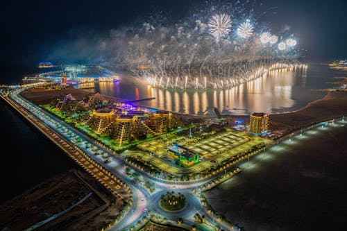 Aerial View of Fireworks Display in Al Marjan Island