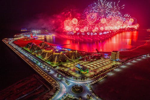 Aerial View of Fireworks Display in Al Marjan Island