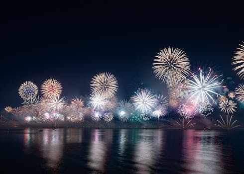 Captivating fireworks display reflecting over the Ras al Khaimah waterfront at night.