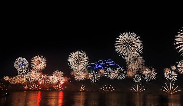A dazzling display of fireworks illuminating the night sky over Ras al Khaimah's waters, capturing the essence of celebration.