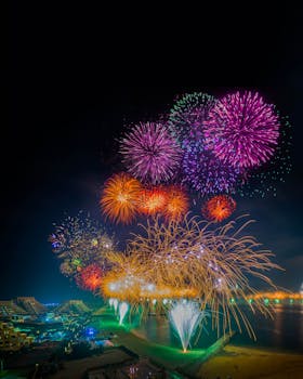 Spectacular fireworks display illuminating the night sky over Ras Al-Khaimah during a festive celebration.