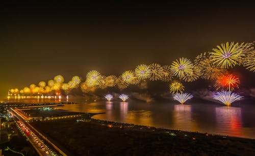 Burst of Fireworks Over a Body of Water Near a City