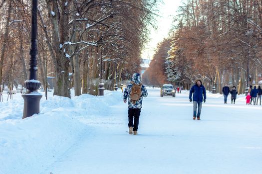 A peaceful winter scene with people walking in a snow-covered tree-lined park.