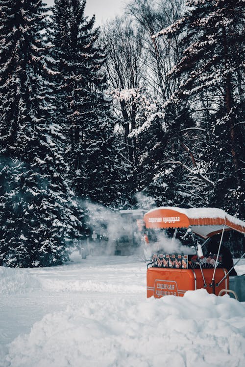 Red Food Cart on Snow Covered Ground