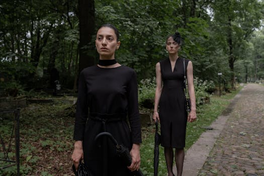 Two women dressed in black stand in a serene cemetery pathway amidst lush greenery.