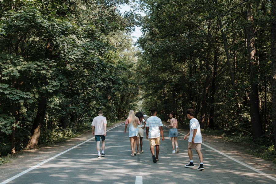 Vrienden lopen over een weg met bomen