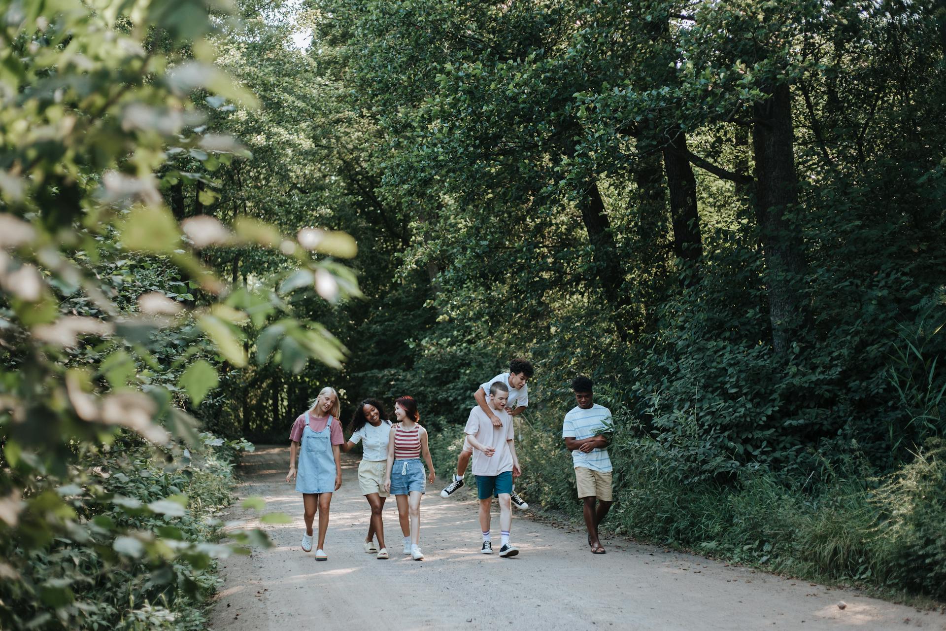 Group of teenagers walking down a forest path in summertime, enjoying leisure and friendship.