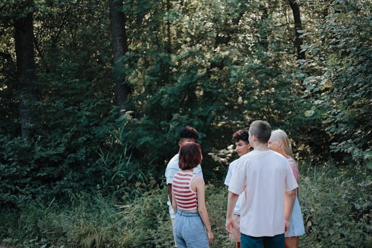 Teenagers In Forest Standing In Circle Talking