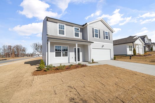 Elegant two-story house in a quiet suburban neighborhood under a blue sky.