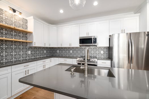 Stylish white kitchen featuring a geometric tile backsplash and stainless steel appliances.