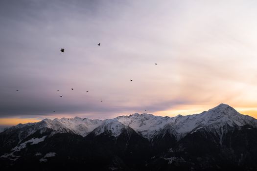 A breathtaking view of a snowcapped mountain range at sunset with birds flying overhead.
