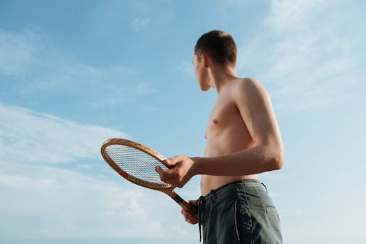 A shirtless young man stands outdoors holding a badminton racket under a clear sky.