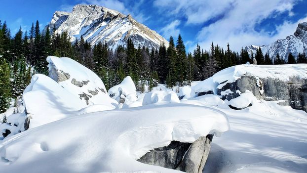 Breathtaking view of snow-covered mountains and forest in Kananaskis, Alberta.