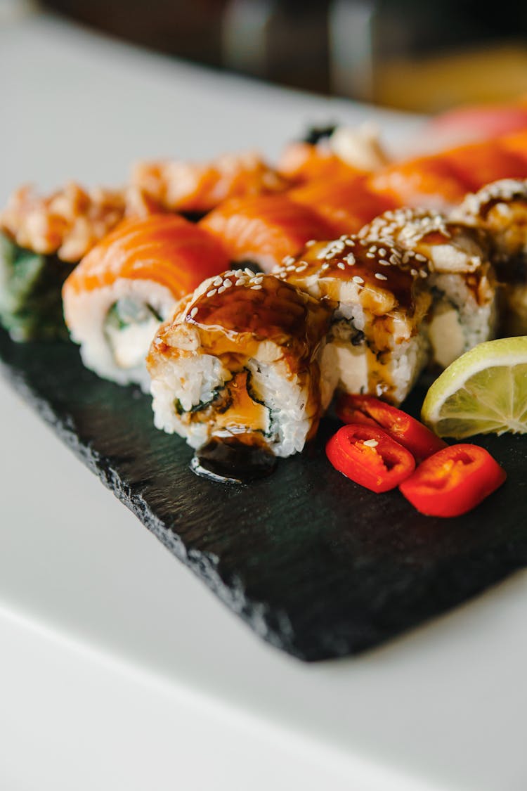 Assorted Sushi On Black Platter