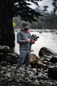 A man in outdoor gear with a face mask and beanie operates a camera by a river.