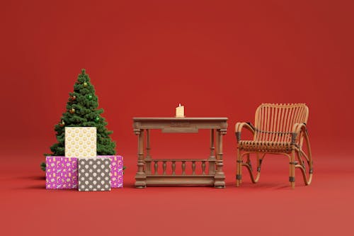 Wooden Furniture Beside a Christmas Tree