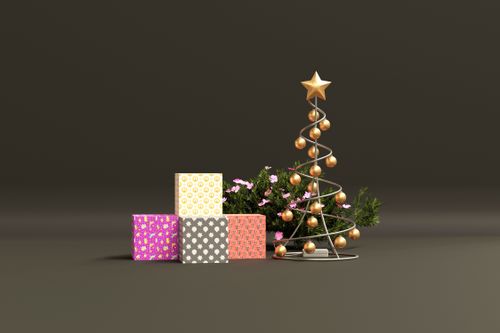 Free Minimalist Christmas scene featuring a spiral tree, gold ornaments, and colorful gift boxes. Stock Photo