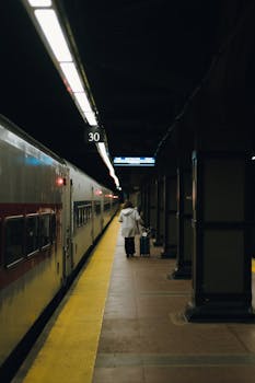 A woman in a coat stands with luggage on a subway platform, waiting for a train.