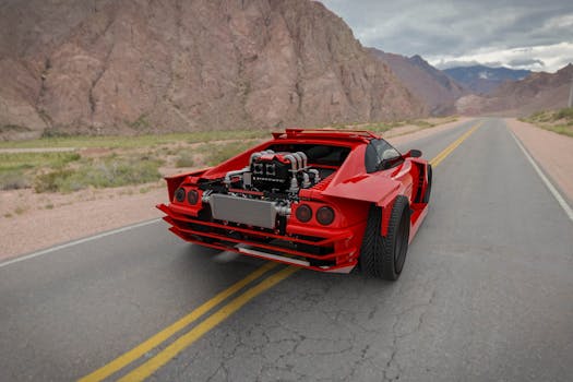 A sleek red sports car travels down a mountain road, showcasing its bold design and power.