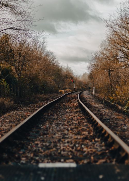 Free Serene railway track surrounded by autumn trees under a cloudy sky. Stock Photo