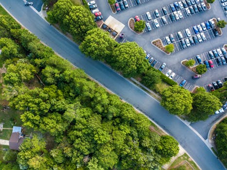 Aerial image of a parking lot and road surrounded by trees in Charlotte, North Carolina.