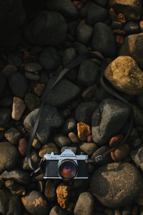Free Top view of a vintage camera resting on a rocky beach surface, highlighting textures and natural elements. Stock Photo