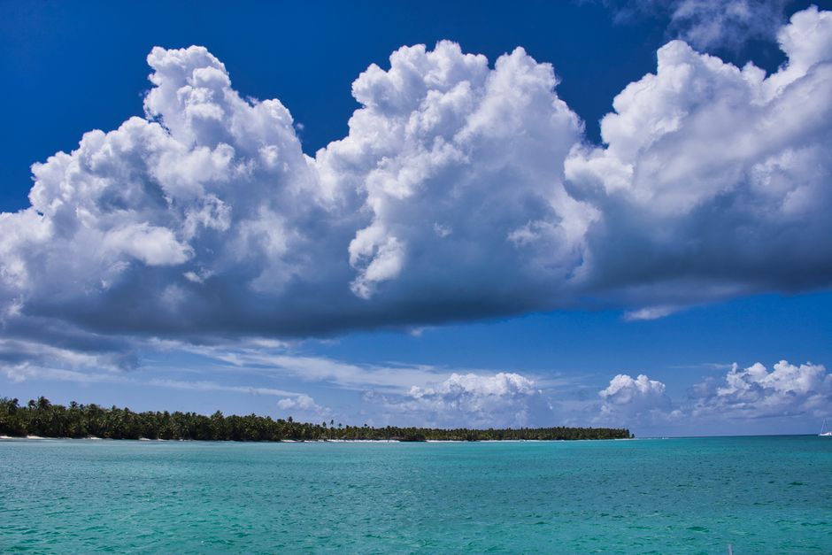Brief tropical rain shower over a Bahamian island