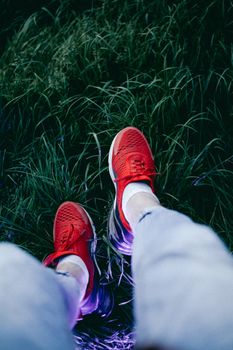 Vibrant red sneakers stand out against lush green grass in an overhead view photo.
