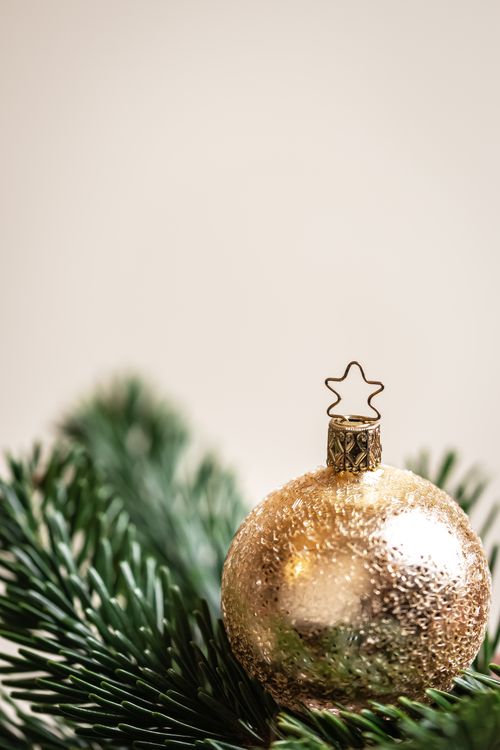 Free Close-up of a shiny gold ornament on pine branch, perfect for festive decor. Stock Photo