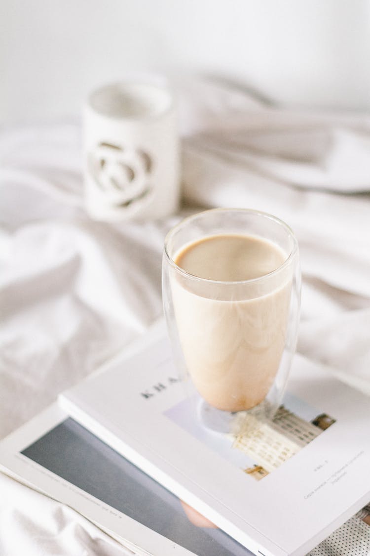 Latte Served To Bed In Thermo Insulated Glass Coffee Mug