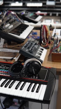 A cluttered music studio showcasing electronic synthesizers and headphones, perfect for music production themes.