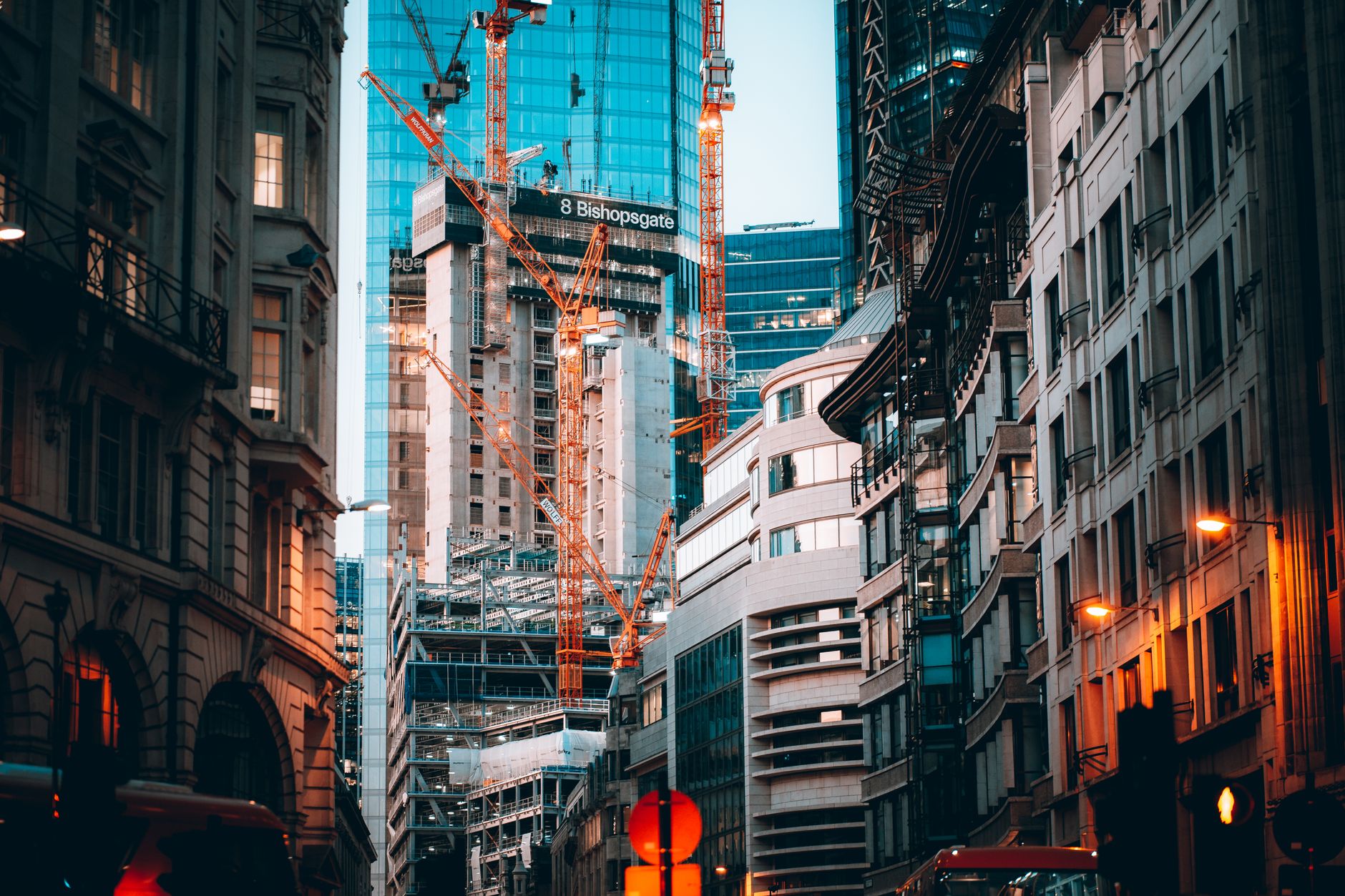 Dynamic view of contemporary skyscrapers under construction in central London.