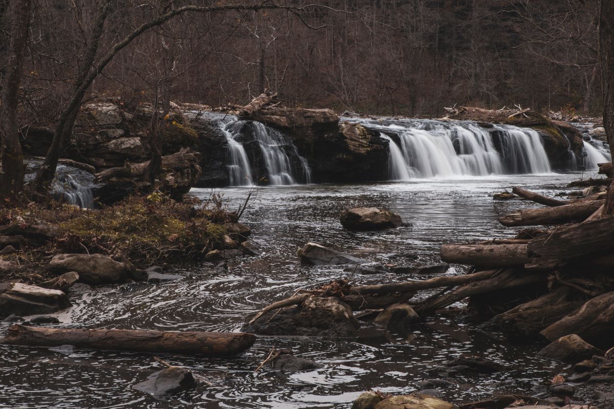 Forest stream tumbling over rocks into a small pool
