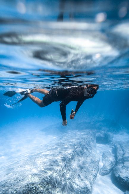 A snorkeler explores vibrant underwater seascapes with rocky formations