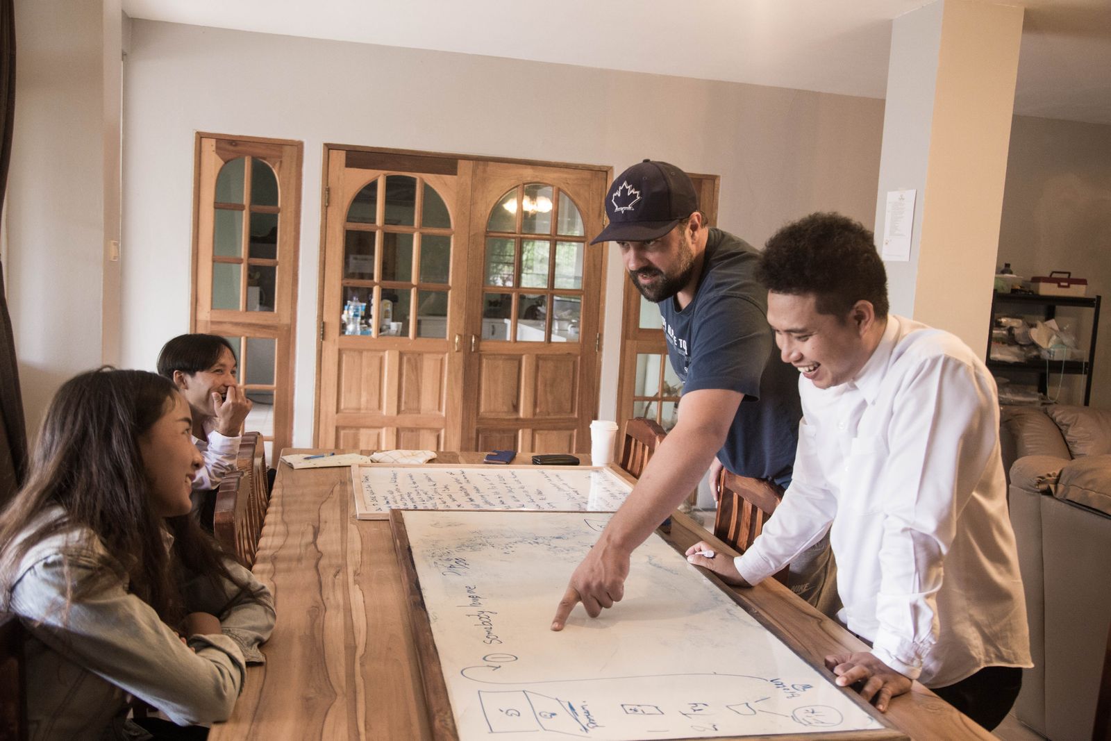 Team gathered around a table discussing a project plan on a whiteboard