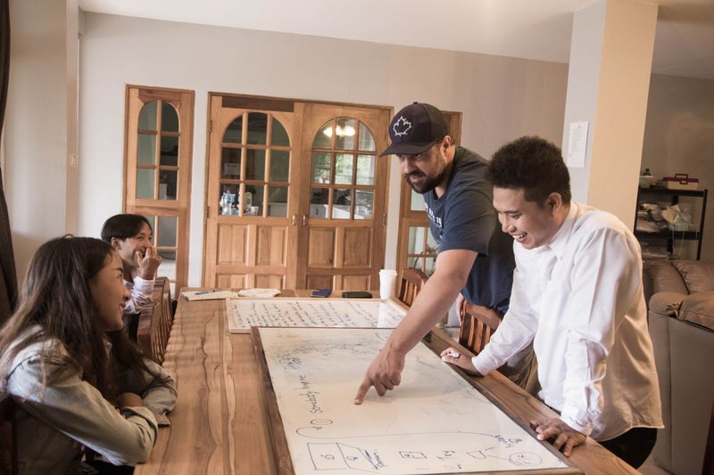 Two people planning a month of content pillars on a whiteboard
