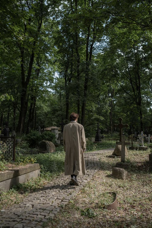 Free Back View of a Man Walking in a Graveyard Stock Photo