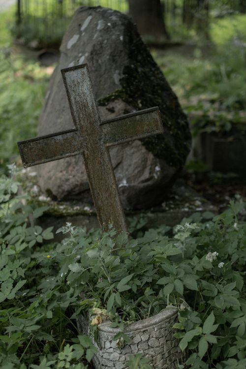 Free A weathered cross and gravestone in an overgrown cemetery, symbolizing peace. Stock Photo