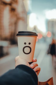 A disposable coffee cup with a playful face held on a city street, featuring a blurred background.