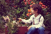 Photo of Boy Sitting and Touch Flowers