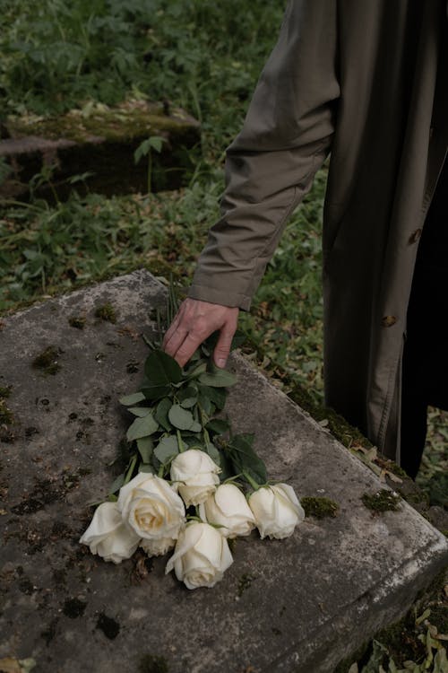 A Person Placing White Roses on a Concrete Surface