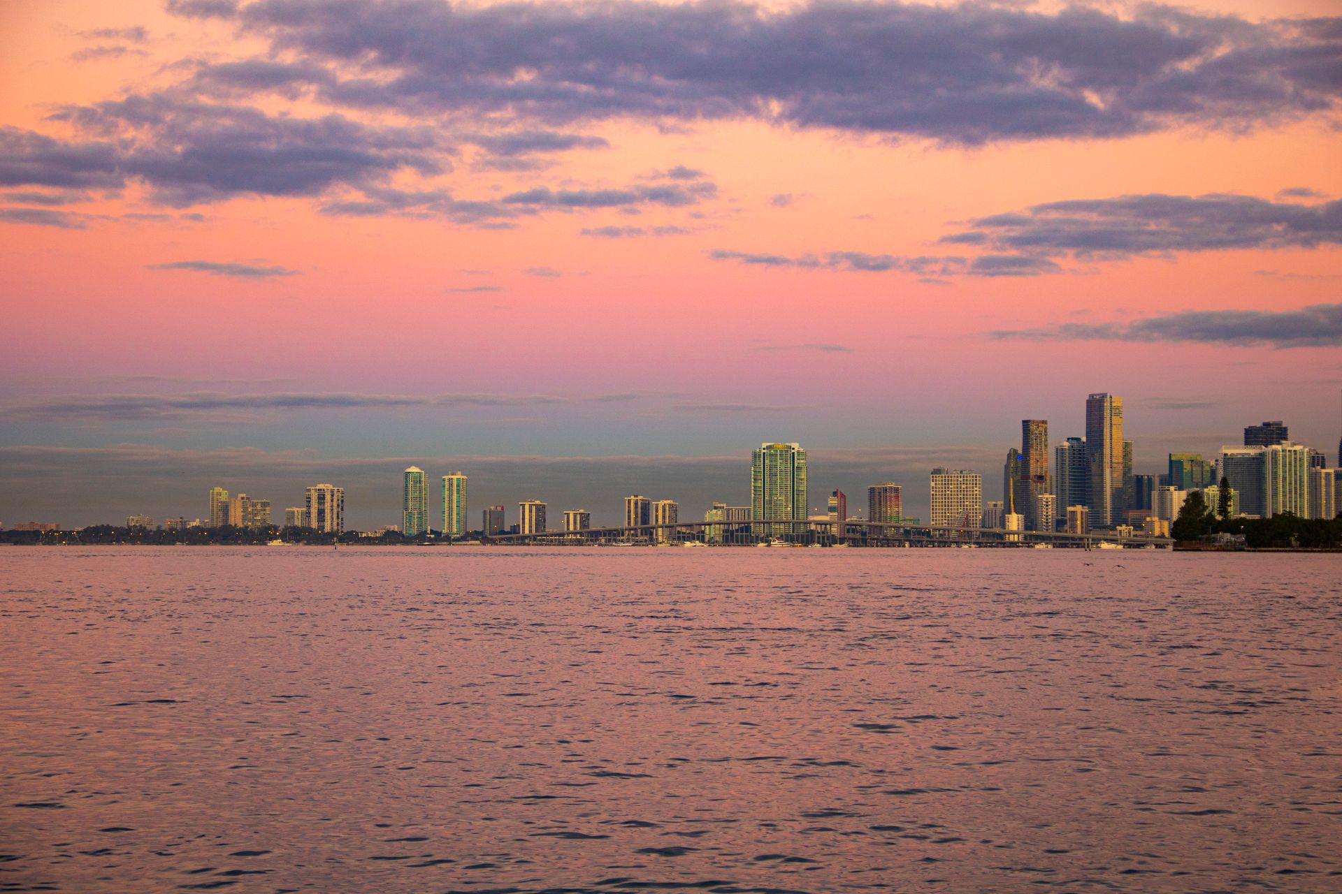 Drone shot of Miami, Florida at golden hour