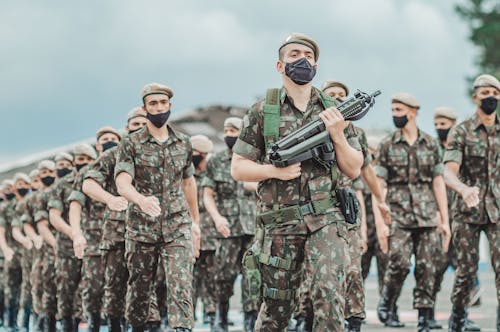 Free Soldiers Wearing Face Masks Marching Together Stock Photo